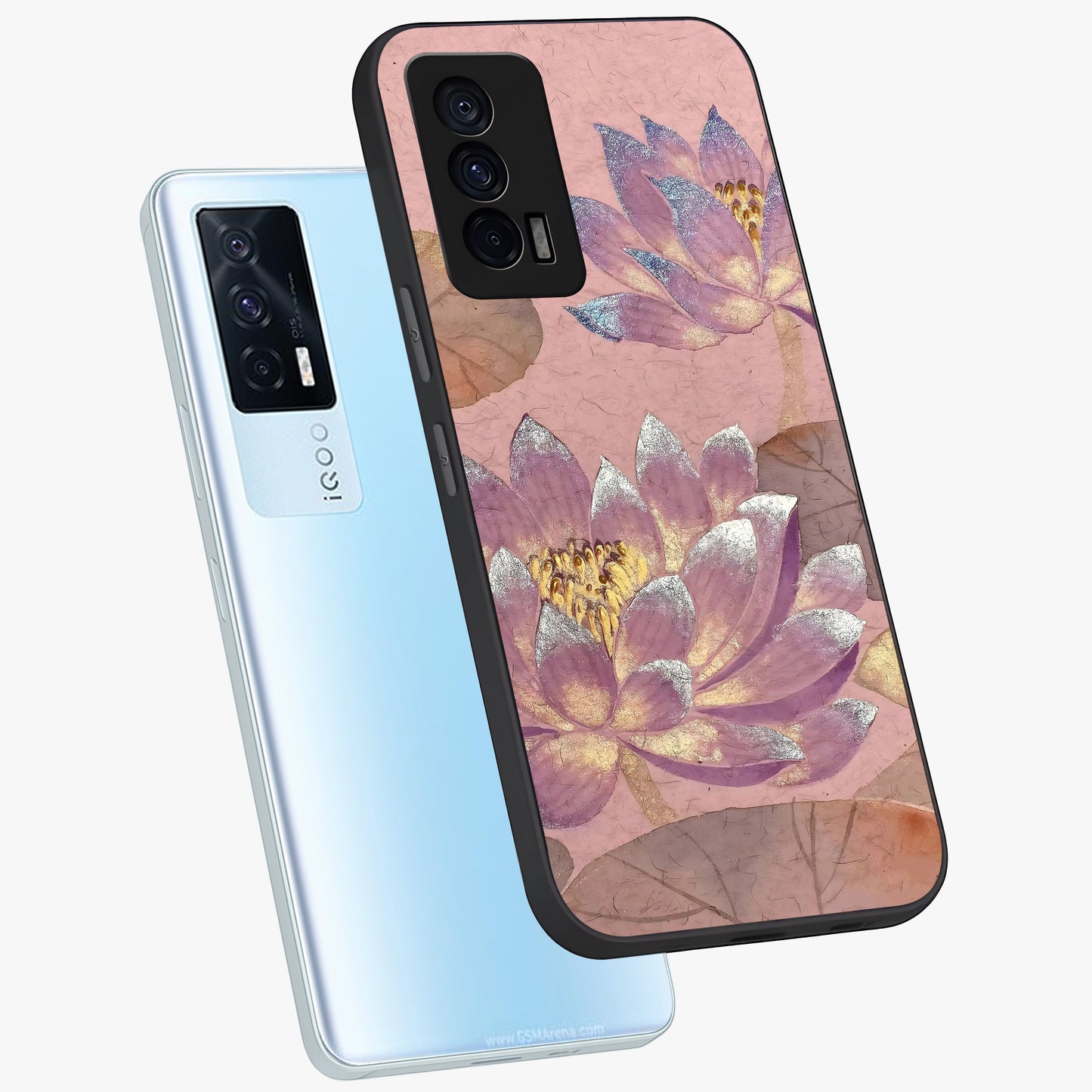 Blossom Mist Lotus Glass Case displayed in angled mockup highlighting delicate lotus illustration with calm aesthetic theme.