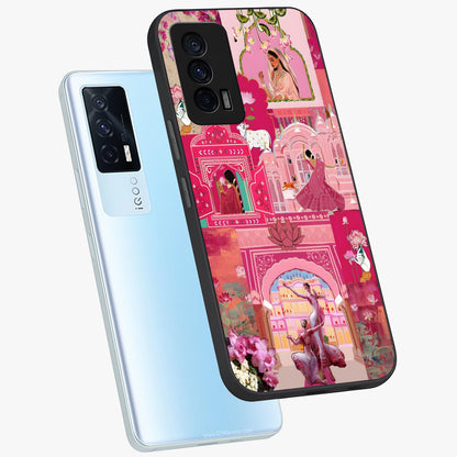 Blossoms of Rajasthan Glass Case displayed in angled mockup highlighting vibrant floral pattern with cultural aesthetic style.