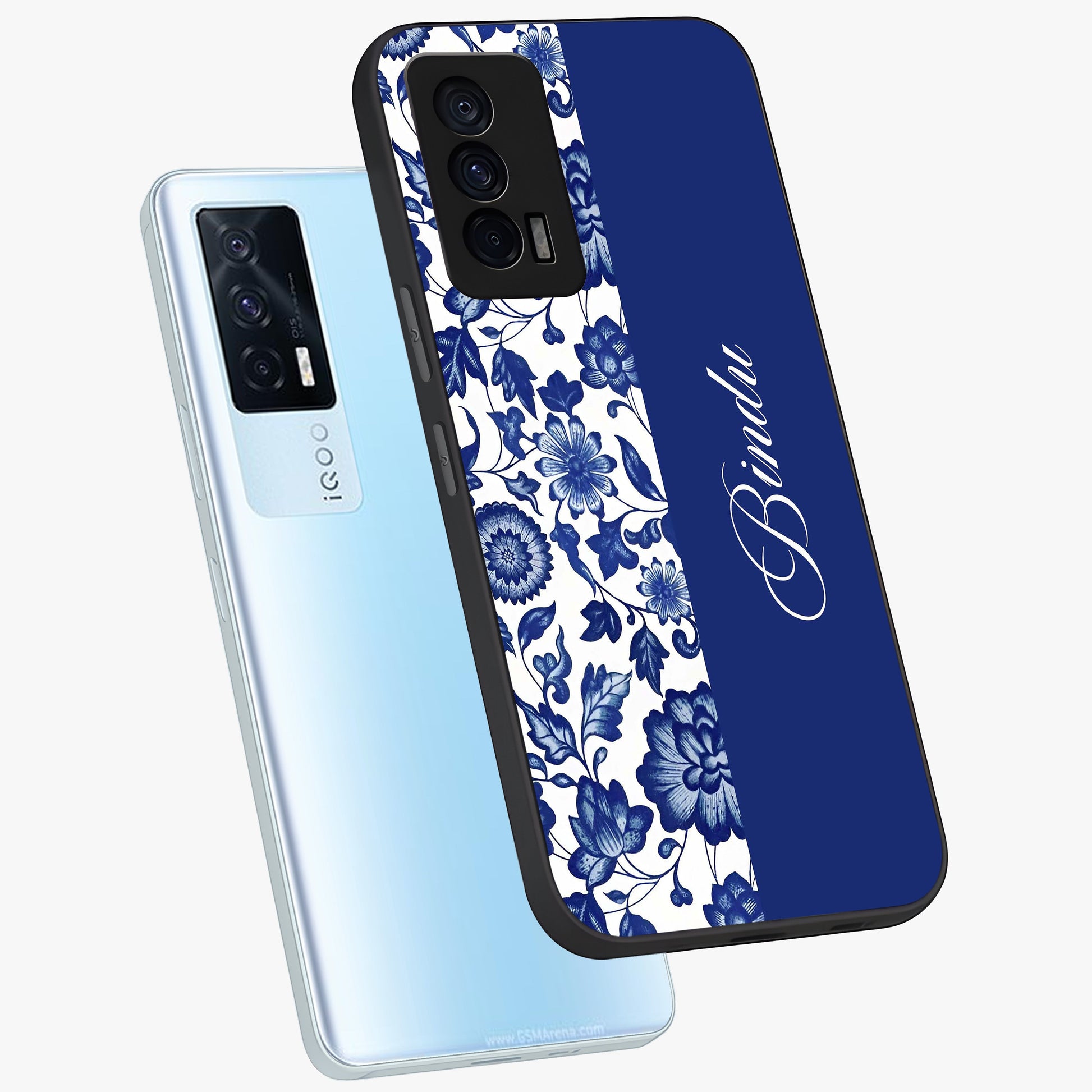 Blue Vintage Floral Pattern Glass Case displayed in angled mockup highlighting subtle bloom pattern with aesthetic pastel design.