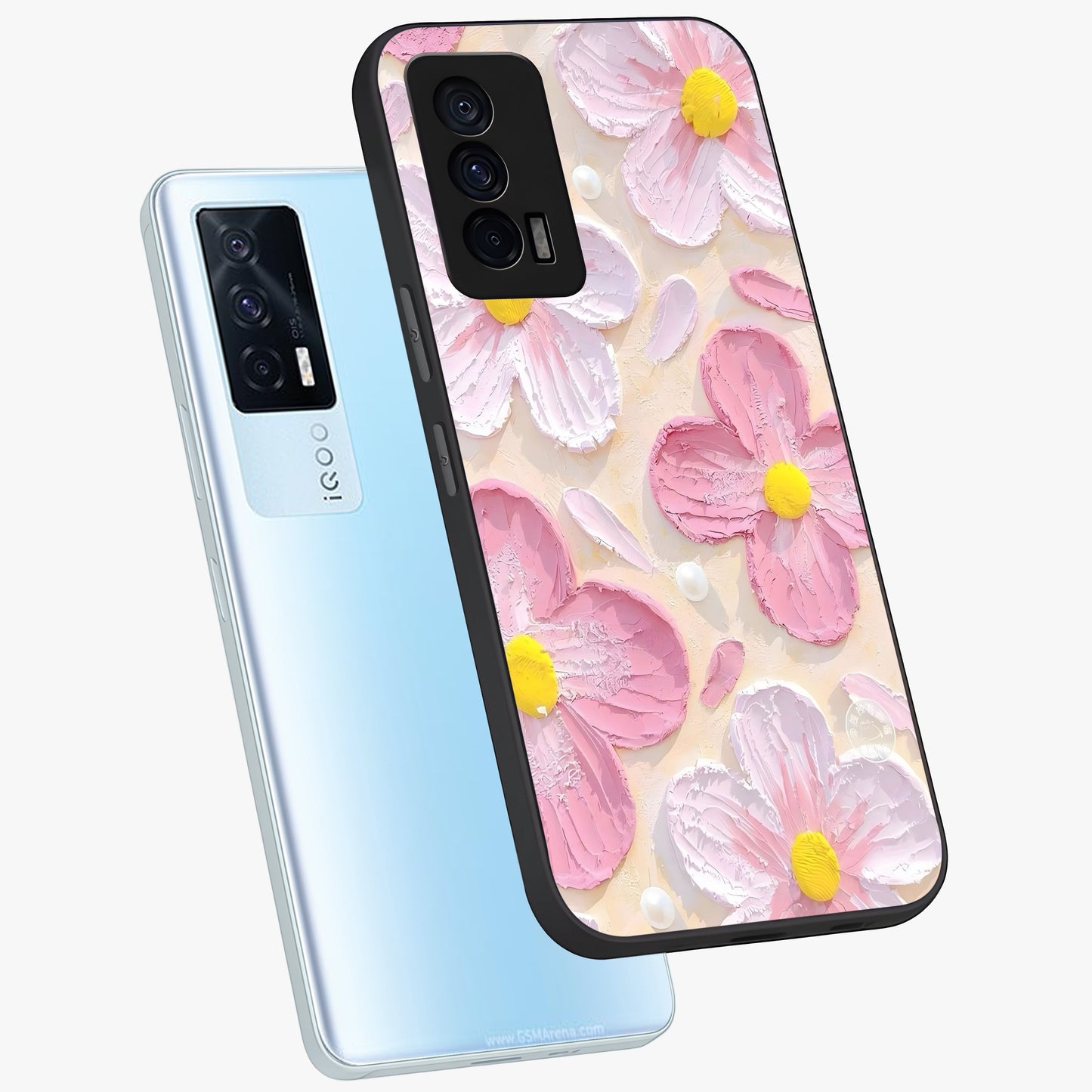 Blush Bloom Texture Glass Case displayed in angled mockup highlighting subtle bloom pattern with aesthetic pastel design.