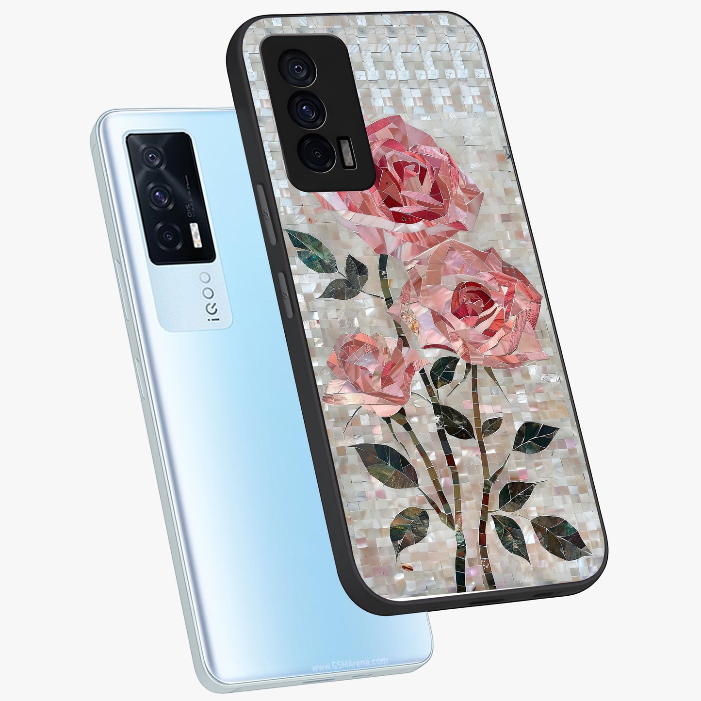 Blush Mosaic Bloom Glass Case displayed in angled mockup highlighting artistic mosaic flower pattern with aesthetic design.