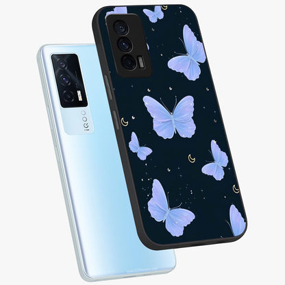 Butterfly With Stars Pattern Glass Case displayed in angled mockup highlighting dreamy butterfly and star design with aesthetic theme.