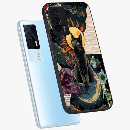 Celestial Black Cat Glass Case displayed in angled mockup highlighting cosmic black cat design with celestial aesthetic.