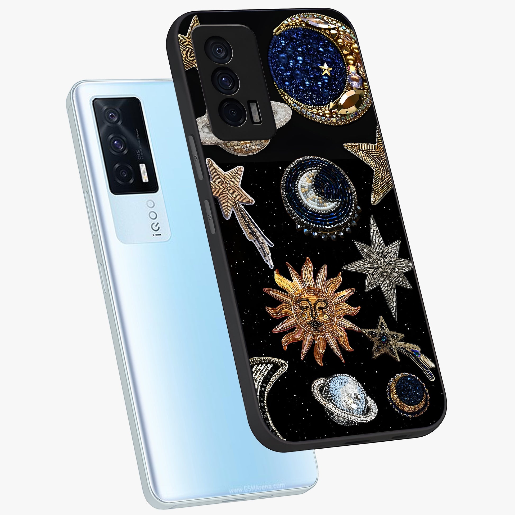 Celestial Gem Constellations Glass Case displayed in angled mockup highlighting gemstone inspired constellation design.