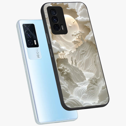Celestial Origami Glass Case displayed in angled mockup highlighting geometric origami design with cosmic aesthetic theme.