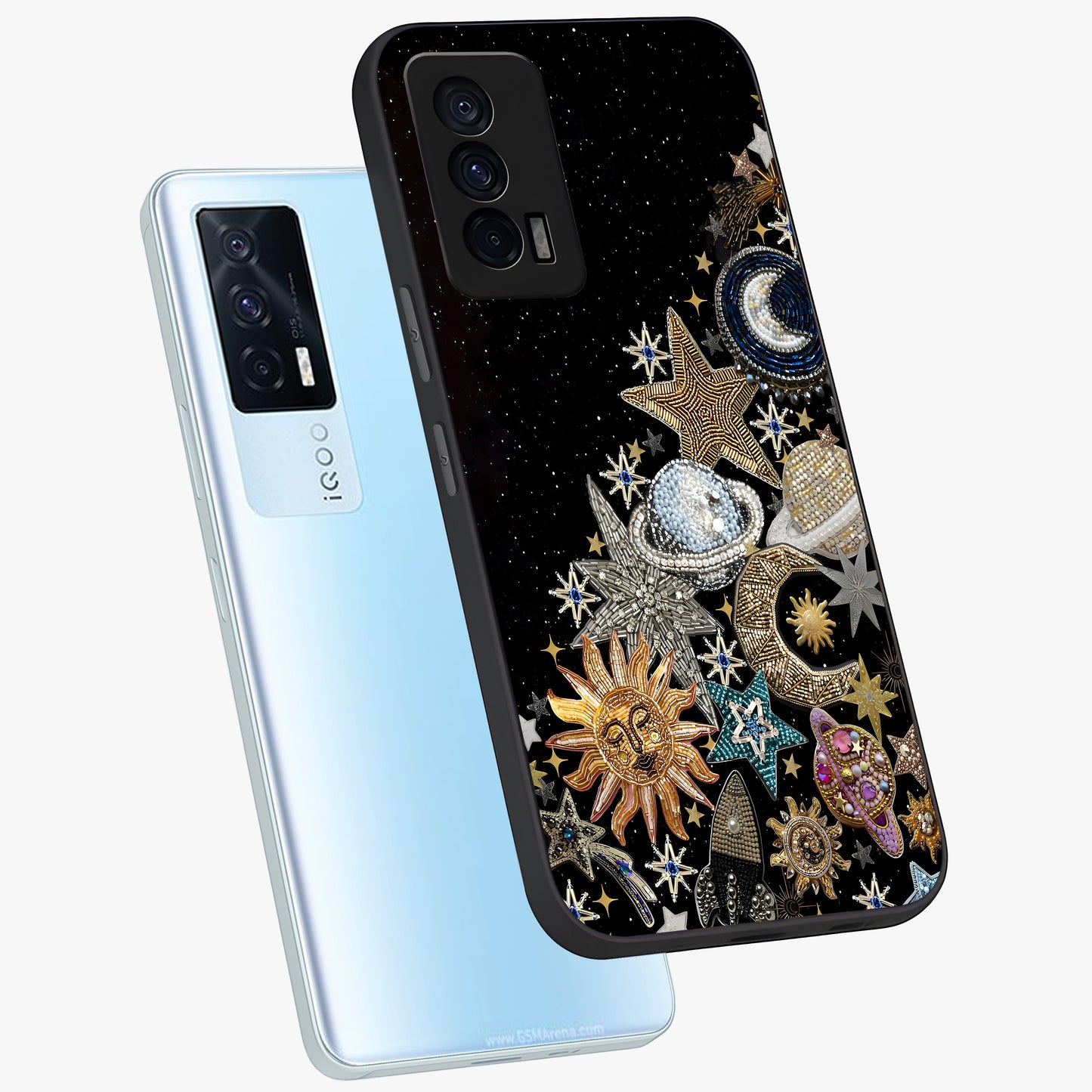 Cosmic Sparkle Dreams Glass Case displayed in angled mockup highlighting dreamy star sparkle design with celestial aesthetic.