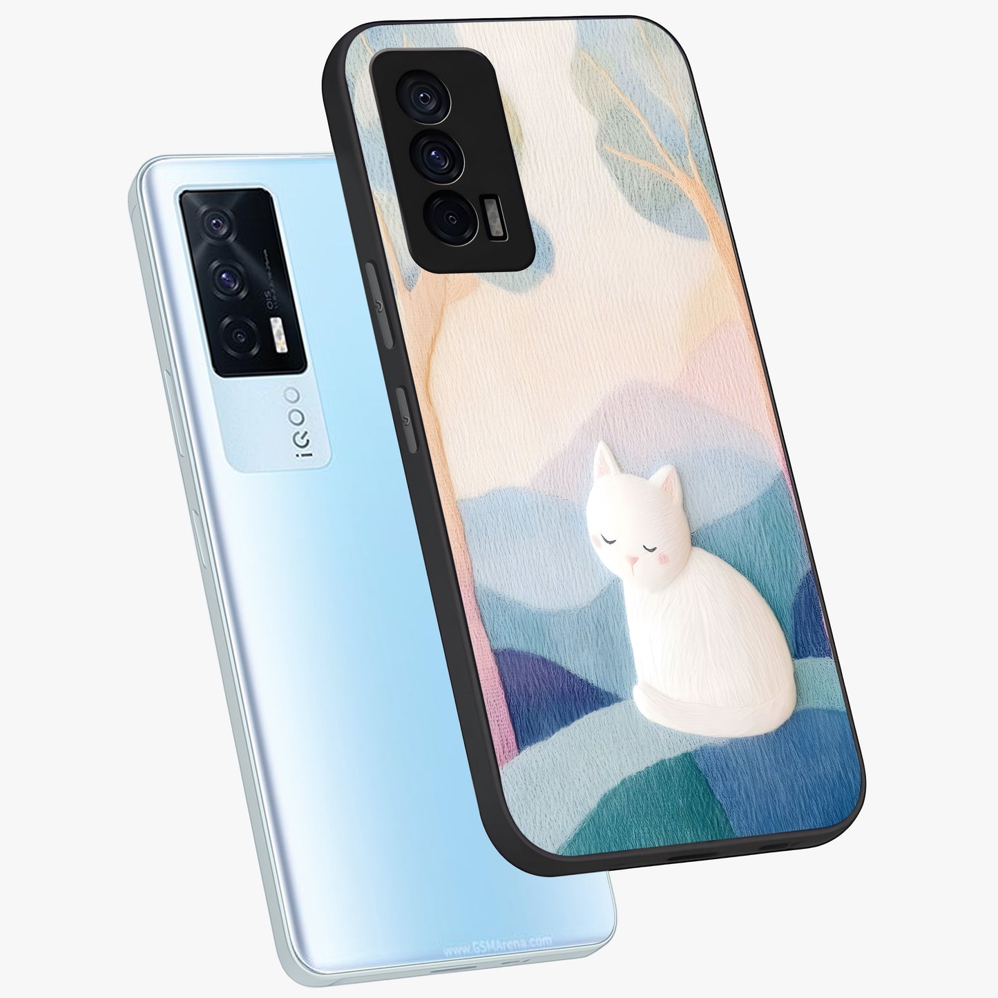 Cotton Dream Cat Glass Case displayed in angled mockup highlighting cute feline illustration with pastel aesthetic style.