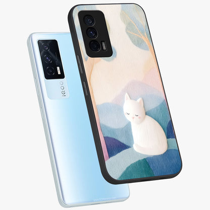 Cotton Dream Cat Glass Case displayed in angled mockup highlighting cute feline illustration with pastel aesthetic style.