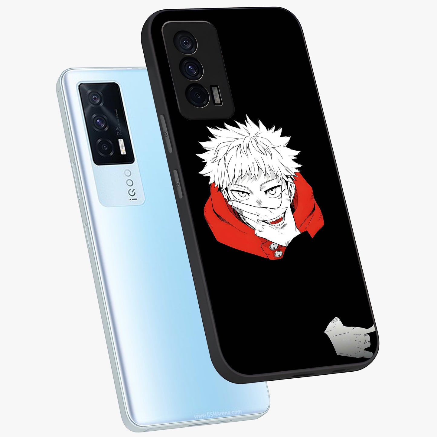 Crimson Chaos Smile Glass Case displayed in angled mockup highlighting edgy crimson smile design with graphic aesthetic.