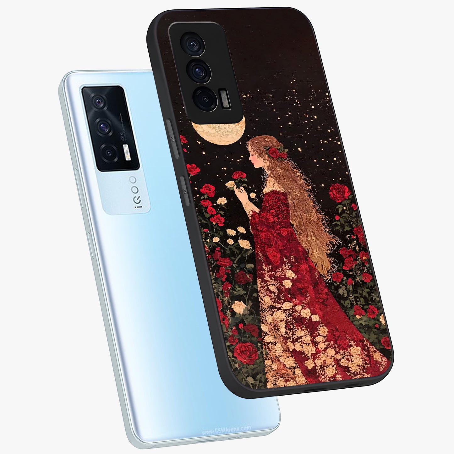Crimson Dreams Glass Case displayed in angled mockup highlighting soft crimson aesthetic design with artistic theme.