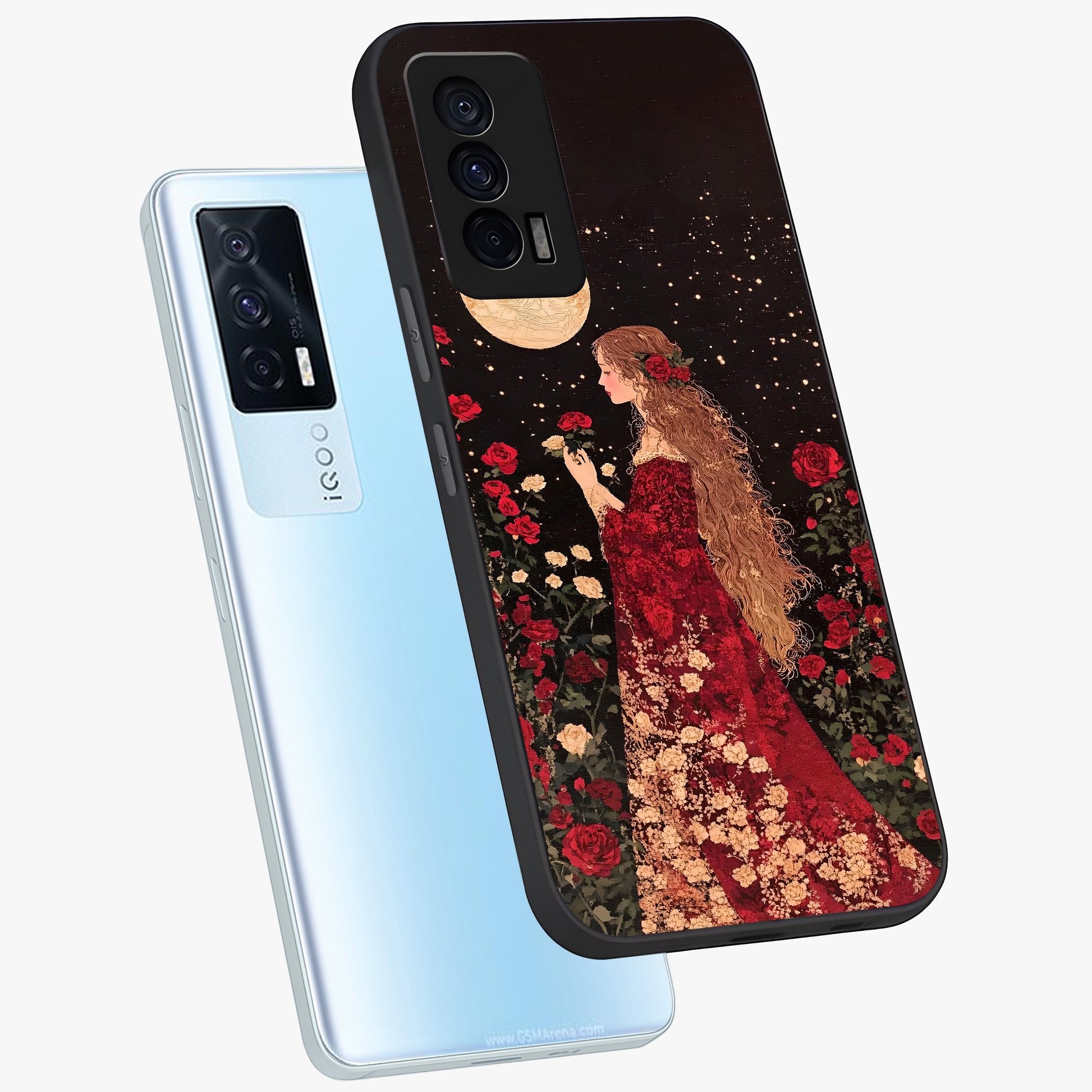 Crimson Dreams Glass Case displayed in angled mockup highlighting soft crimson aesthetic design with artistic theme.