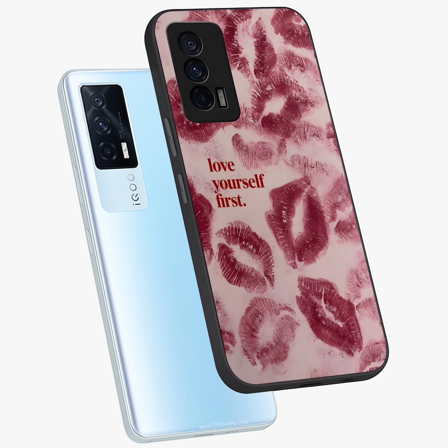 Crimson Kiss Love Glass Case displayed in angled mockup highlighting bold love inspired design with modern aesthetic style.