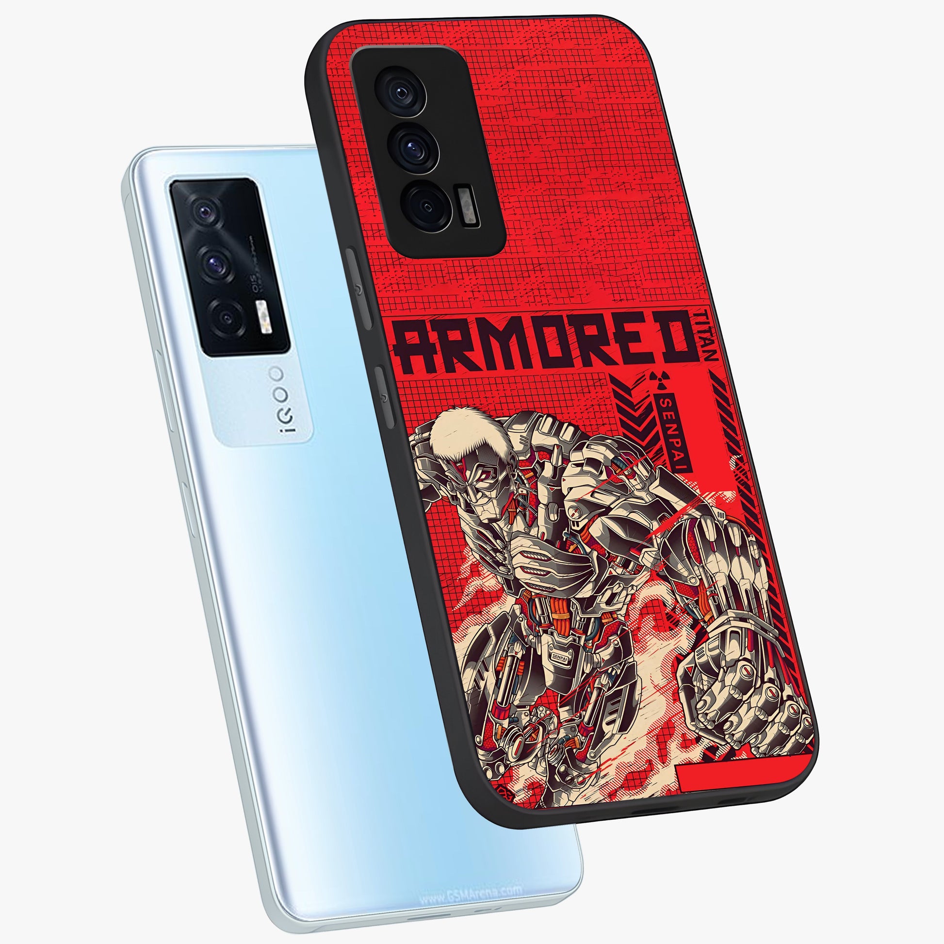 Crimson Mecha Titan Glass Case displayed in angled mockup highlighting futuristic mech illustration with bold crimson aesthetic.