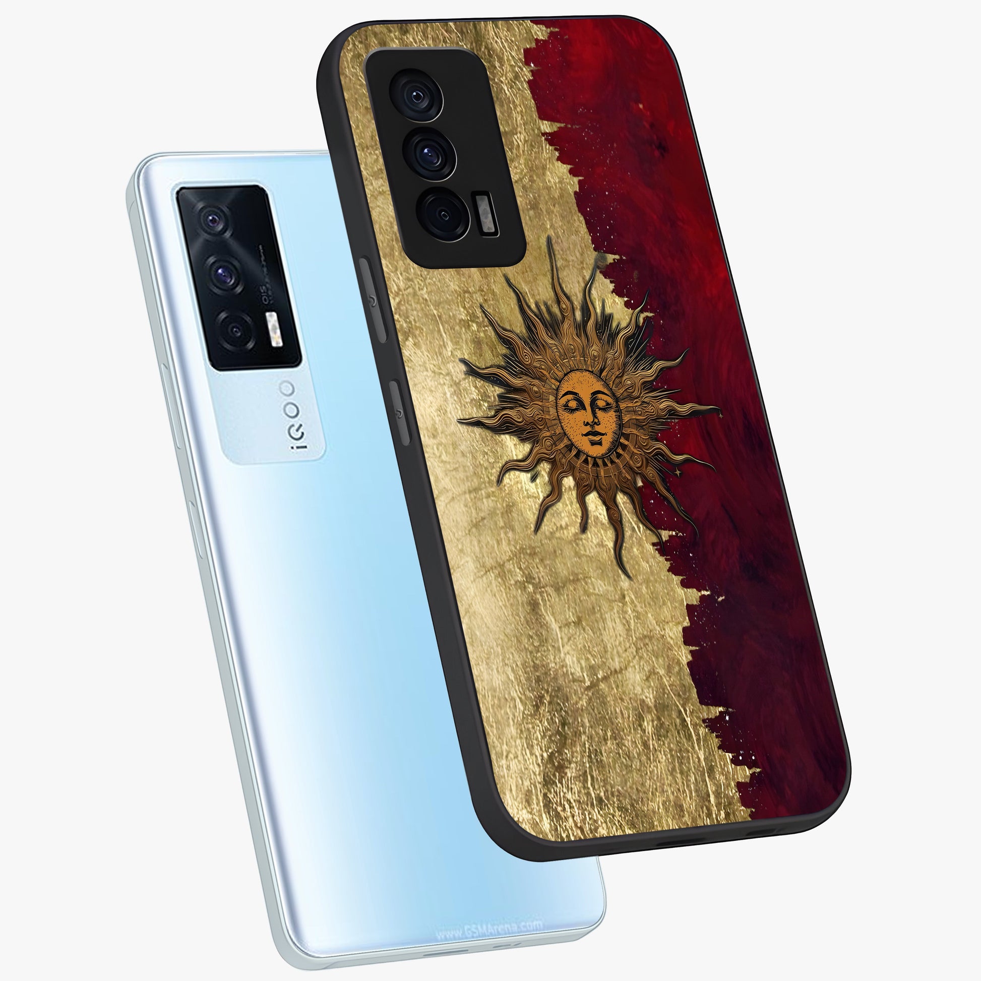 Crimson Sun Majesty Glass Case displayed in angled mockup highlighting majestic crimson sun design with bold aesthetic style.