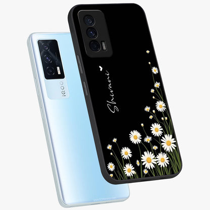 Daisy Cascade Custom Name Glass Case displayed in angled mockup highlighting delicate daisy artwork with custom name feature.