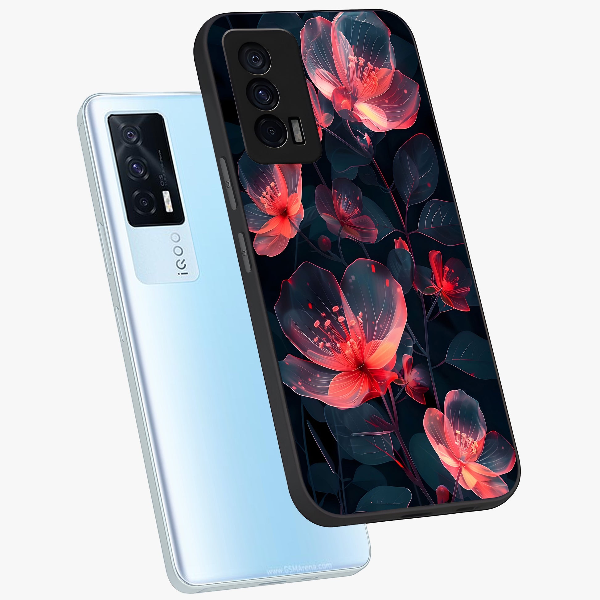 Dark Shade of Flower Glass Case displayed in angled mockup highlighting moody floral illustration with aesthetic dark tones.