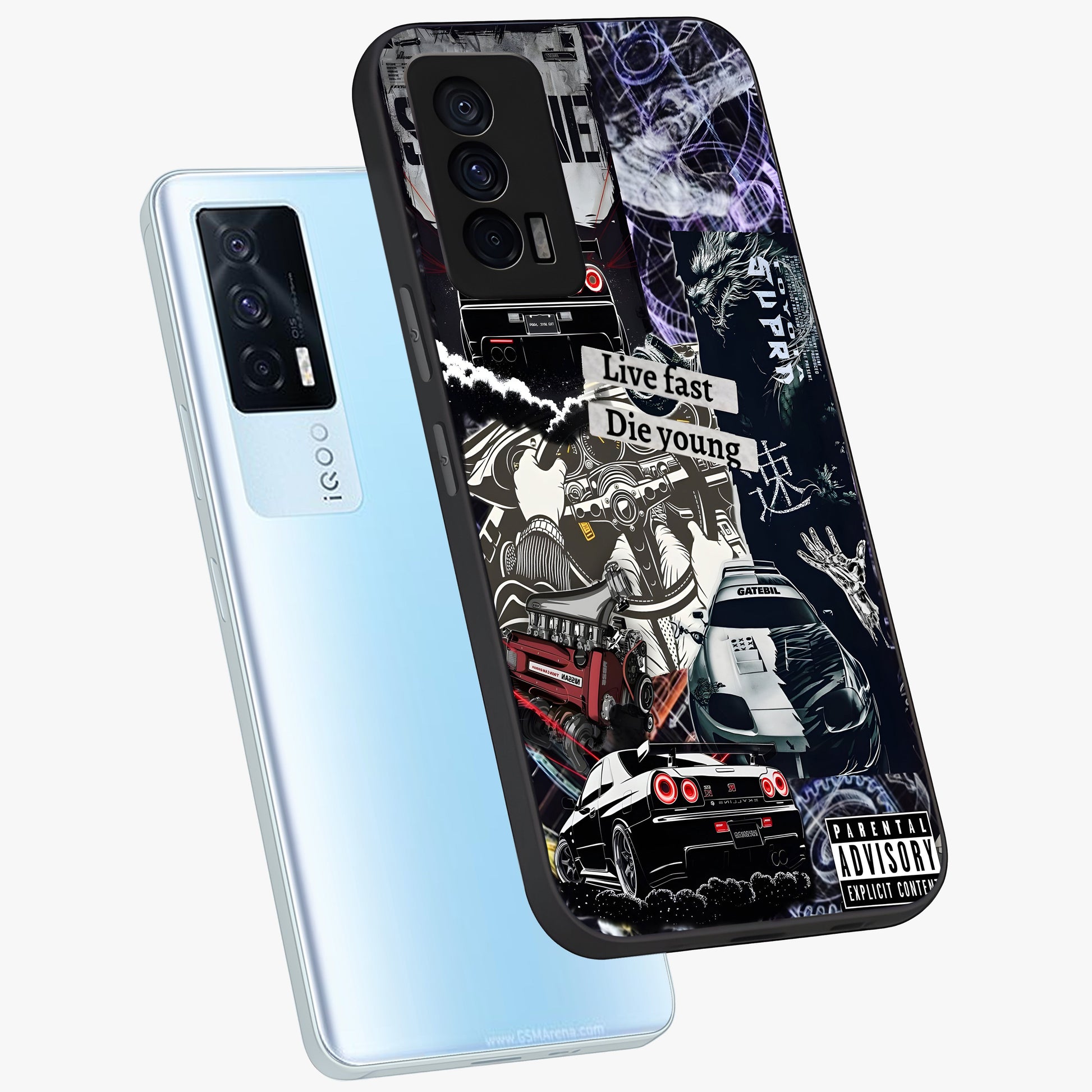 Die Young Glass Case displayed in angled mockup highlighting expressive graphic artwork with edgy aesthetic style.