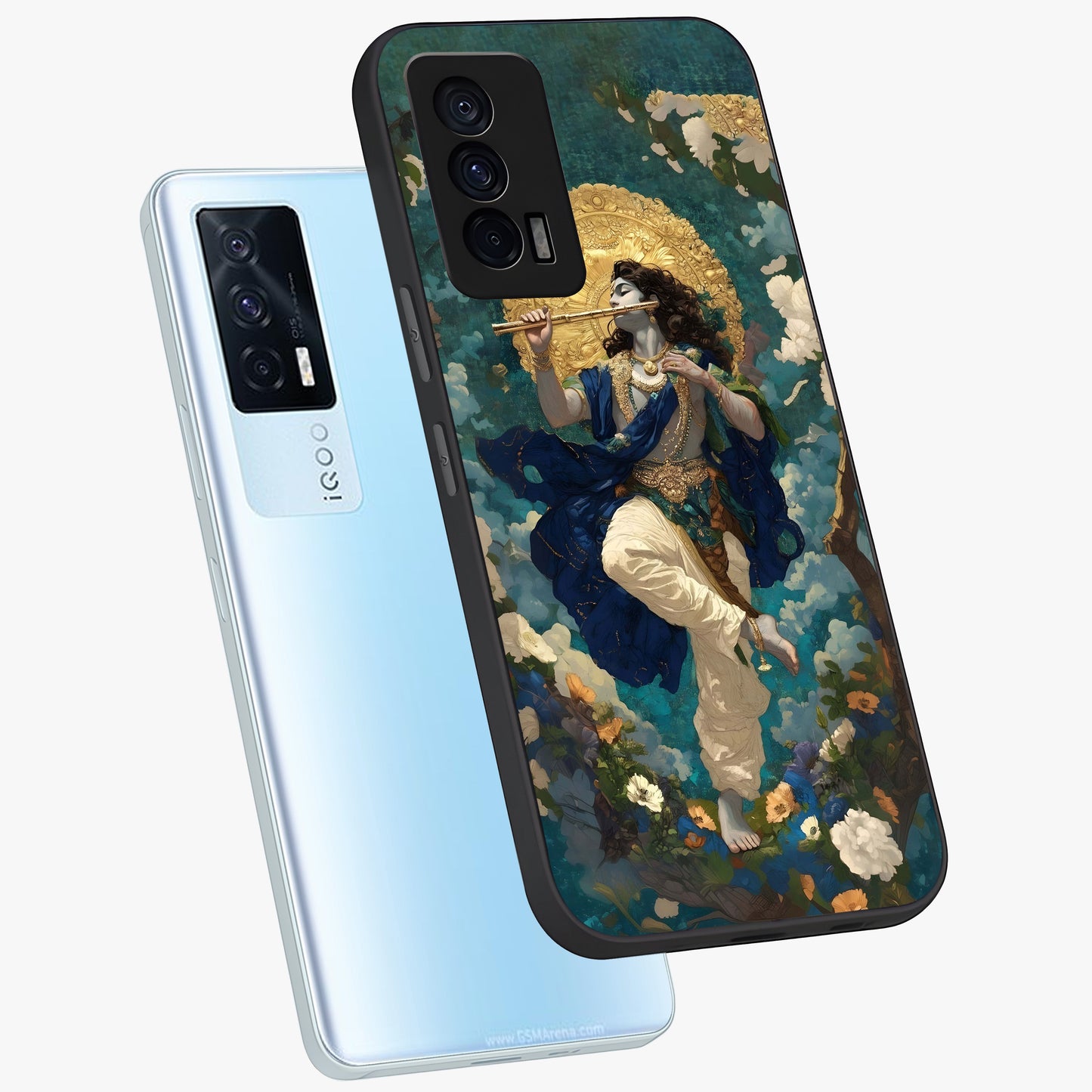 Divine Krishna Art Glass Case displayed in angled mockup highlighting spiritual Krishna illustration with devotional aesthetic.