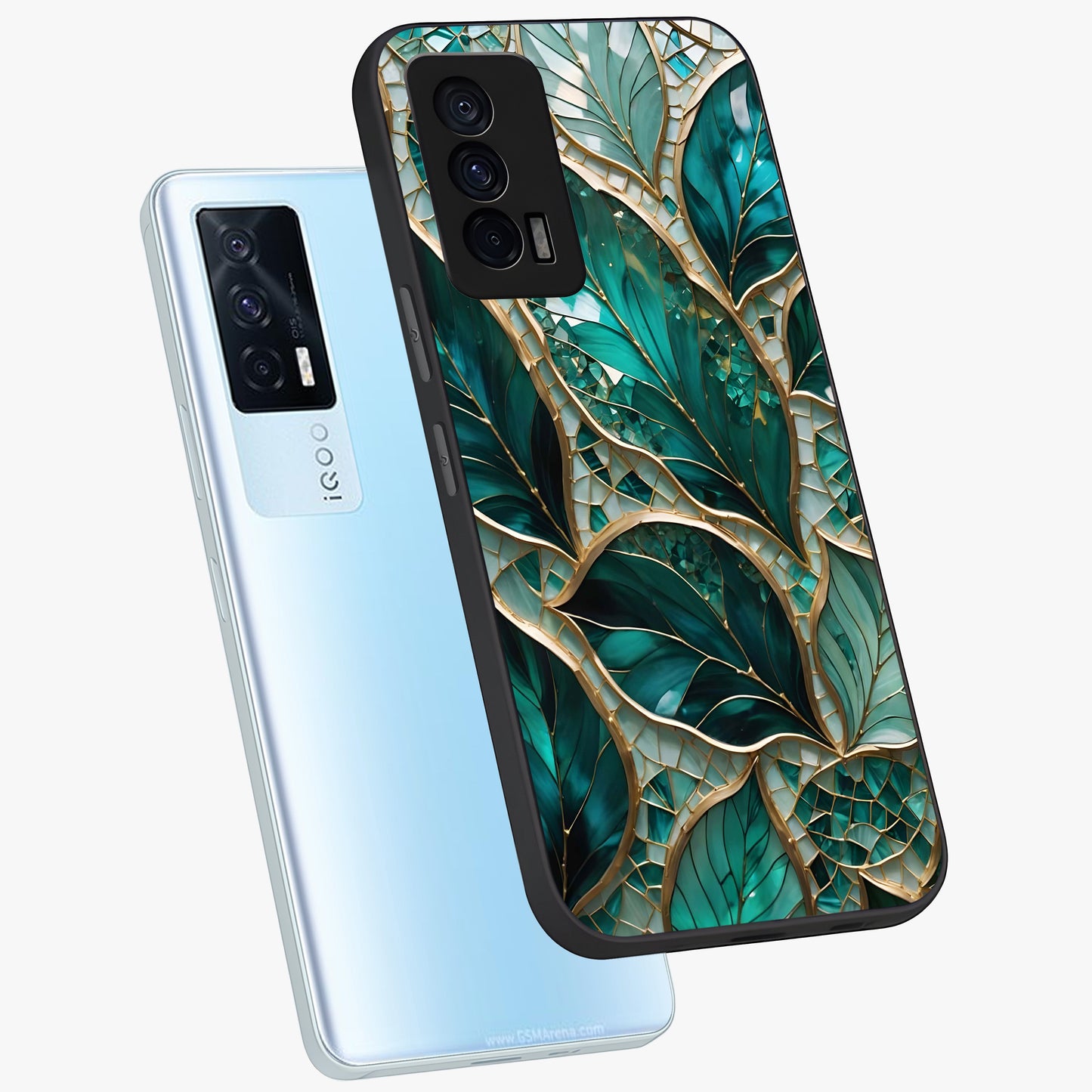 Emerald Leaf Glass Glass Case displayed in angled mockup highlighting botanical leaf illustration with elegant natural aesthetic.