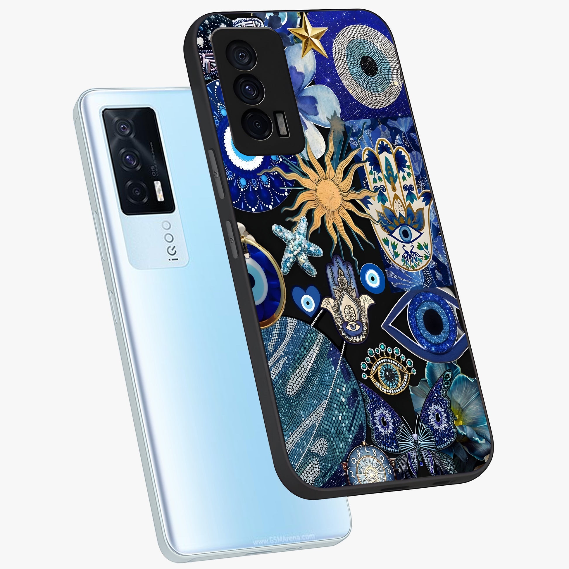 Evil Eye Charm Mix Glass Case displayed in angled mockup highlighting protective evil eye symbols with spiritual aesthetic design.