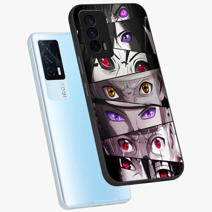 Eyes of Destiny Glass Case displayed in angled mockup highlighting bold eye illustration with mystical aesthetic style.
