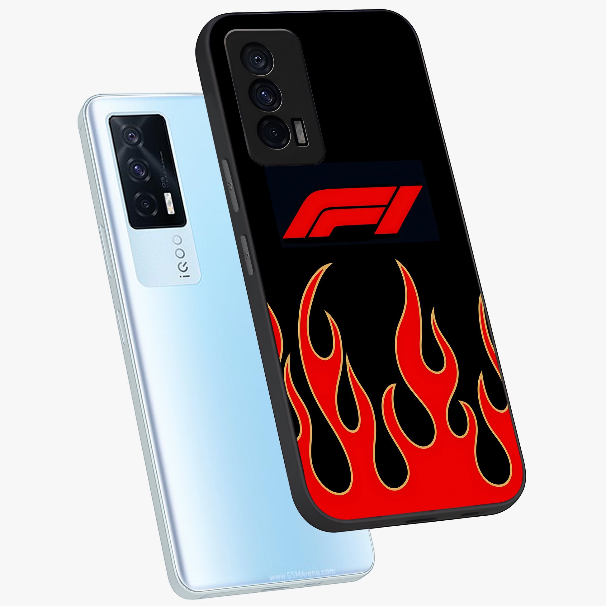 Fire F11 Glass Case displayed in angled mockup highlighting bold fire inspired graphic with energetic aesthetic style.