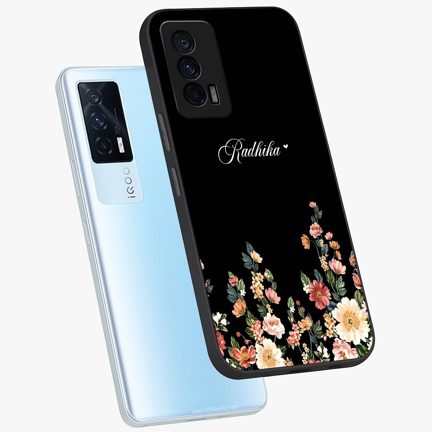 Floral Design With a Custom Personalized Name Glass Case displayed in angled mockup highlighting elegant floral pattern with custom name feature.
