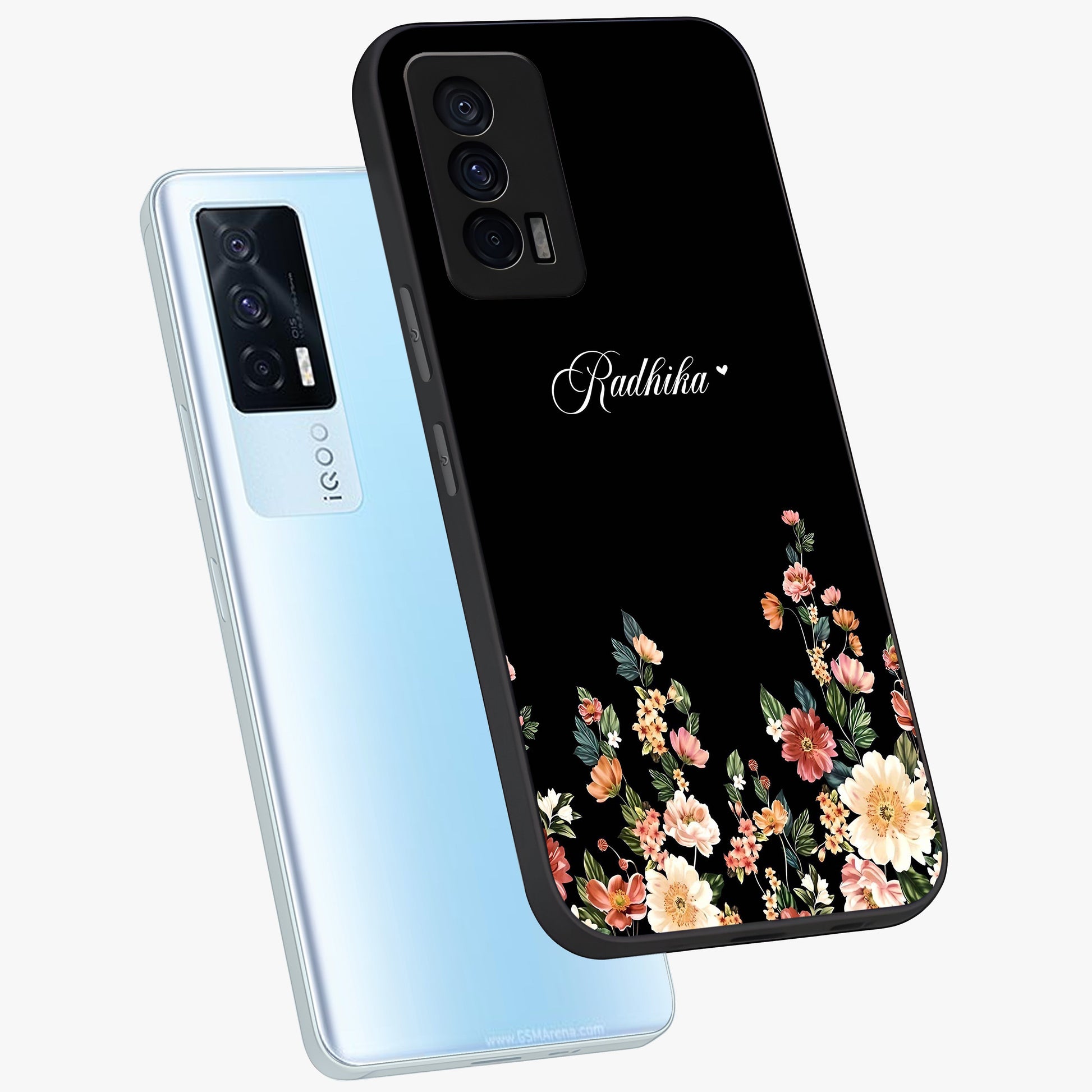 Floral Design With a Custom Personalized Name Glass Case displayed in angled mockup highlighting elegant floral pattern with custom name feature.