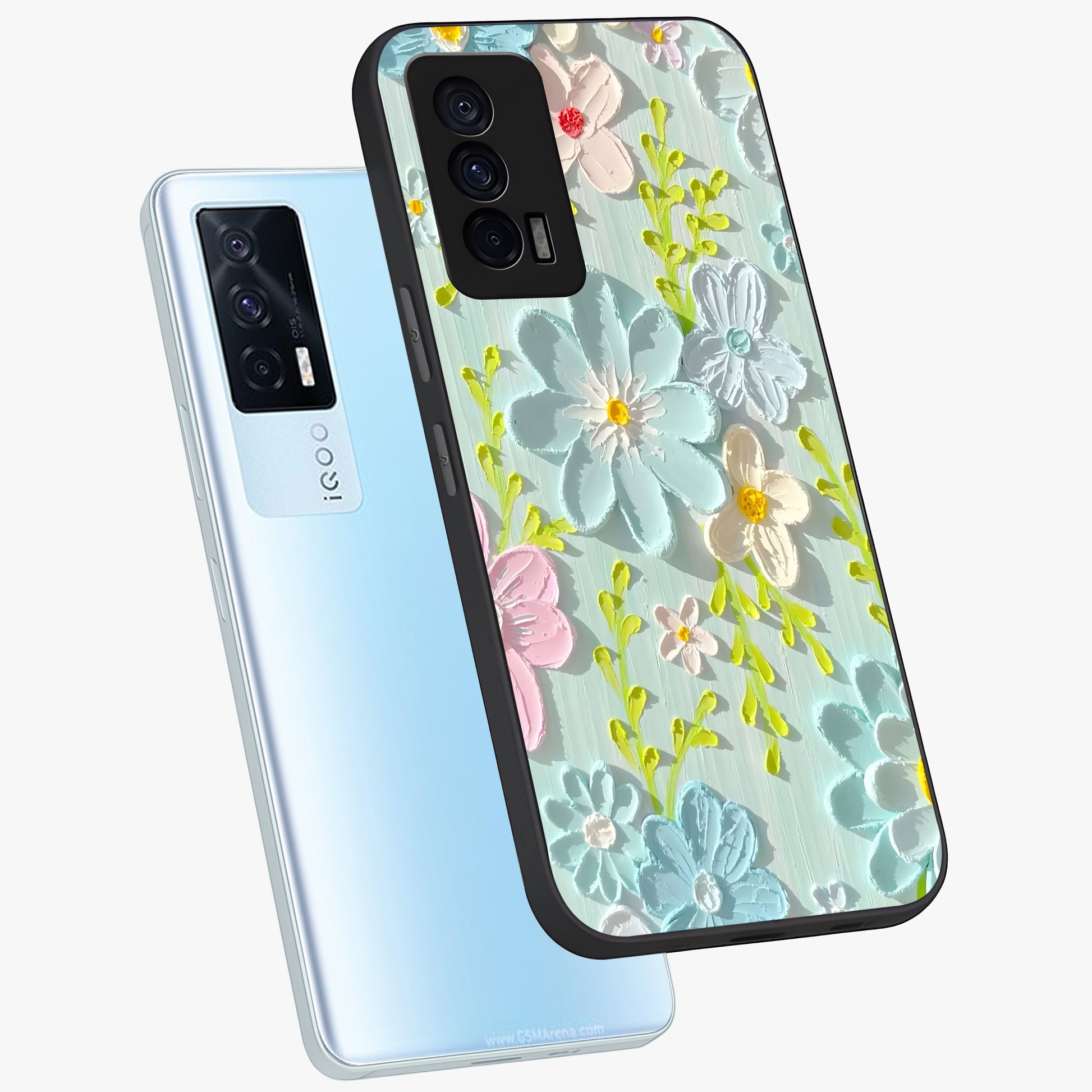 Frosted Petal Garden Glass Case displayed in angled mockup highlighting delicate flower petal design with calm garden aesthetic.