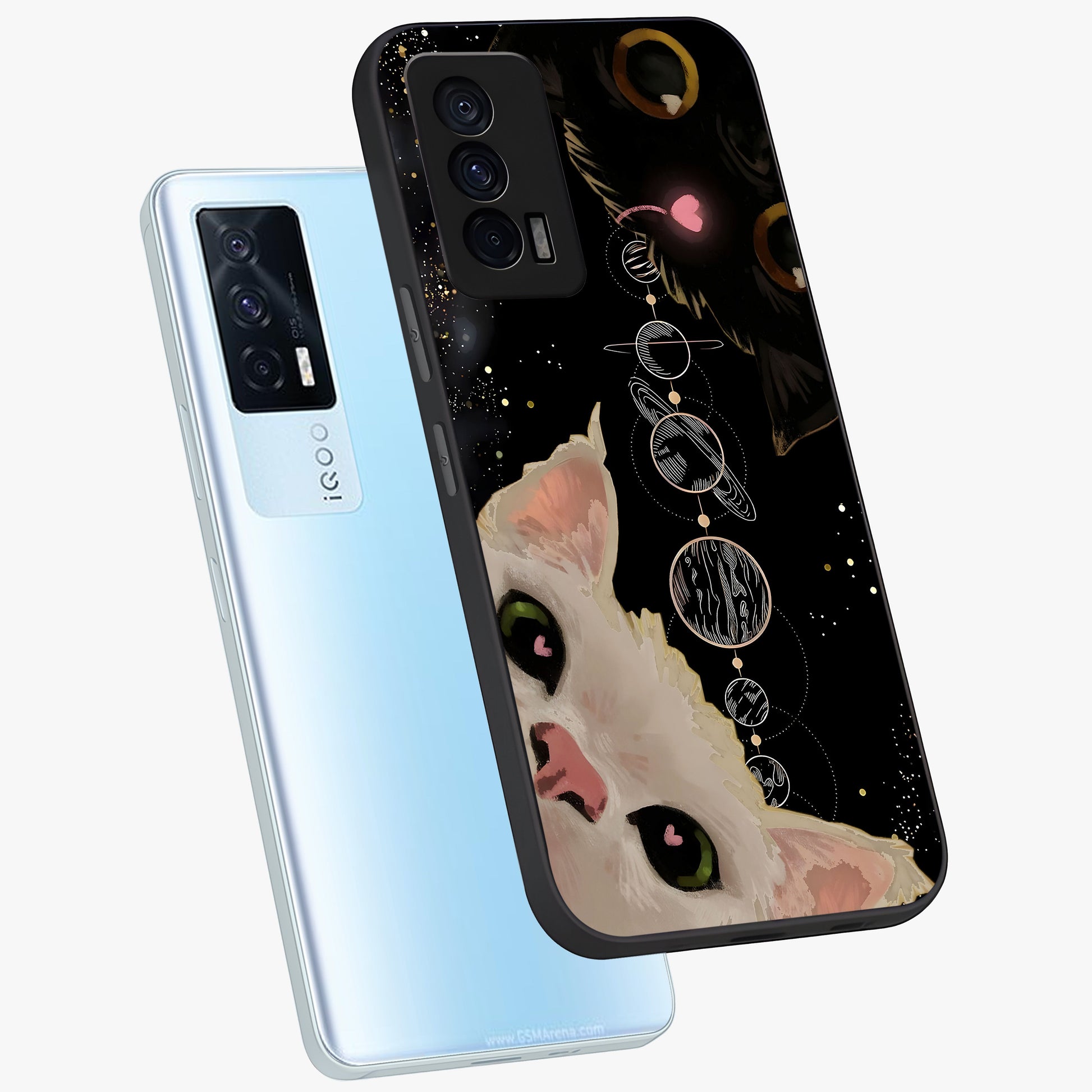Galactic Cat Glass Case displayed in angled mockup highlighting celestial feline illustration with galaxy aesthetic style.