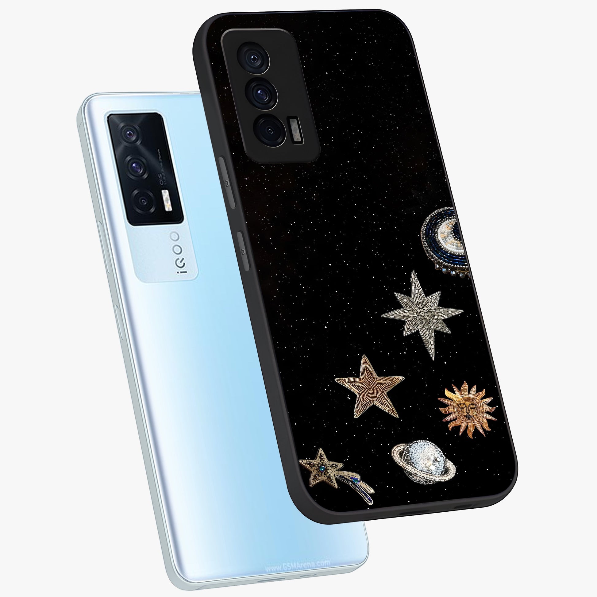 Galactic Charm Glow Glass Case displayed in angled mockup highlighting luminous galaxy inspired design with dreamy aesthetic.