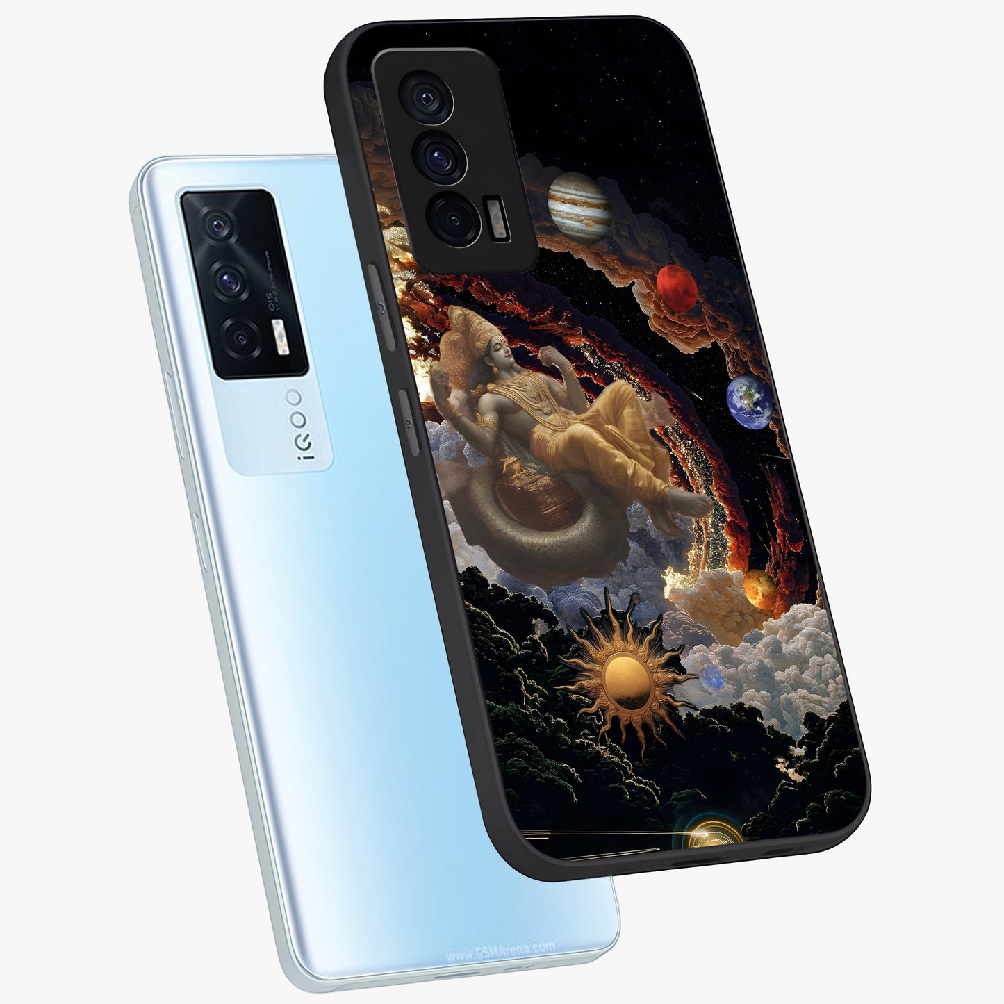Galactic Divine God Glass Case displayed in angled mockup highlighting powerful celestial deity illustration with galactic aesthetic.