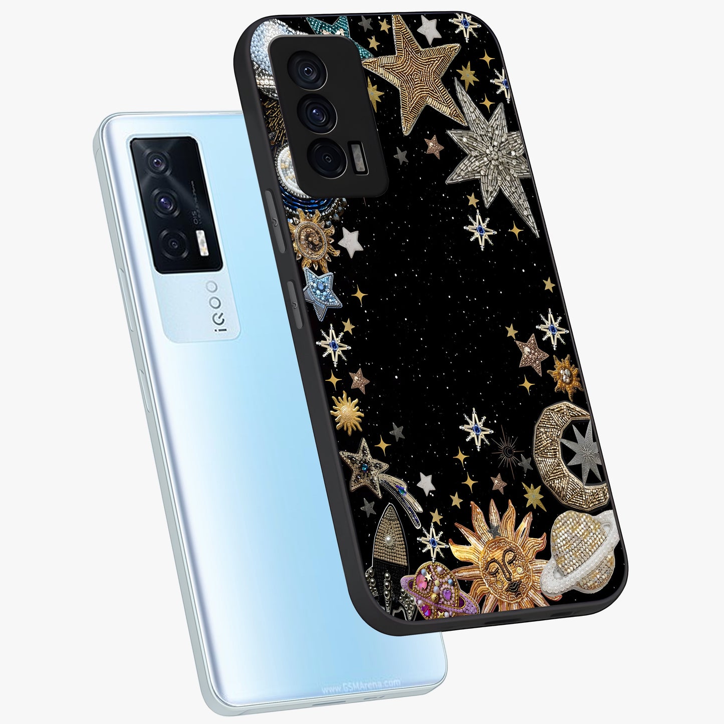 Galactic Jewel Stars Glass Case displayed in angled mockup highlighting shining celestial star design with cosmic aesthetic style.