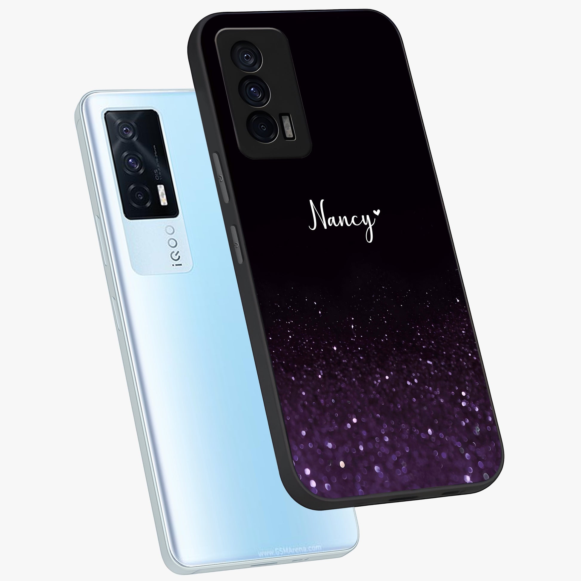 Glittery Purple Bokeh Custom Name Glass Case displayed in angled mockup highlighting glitter bokeh pattern with custom name feature.