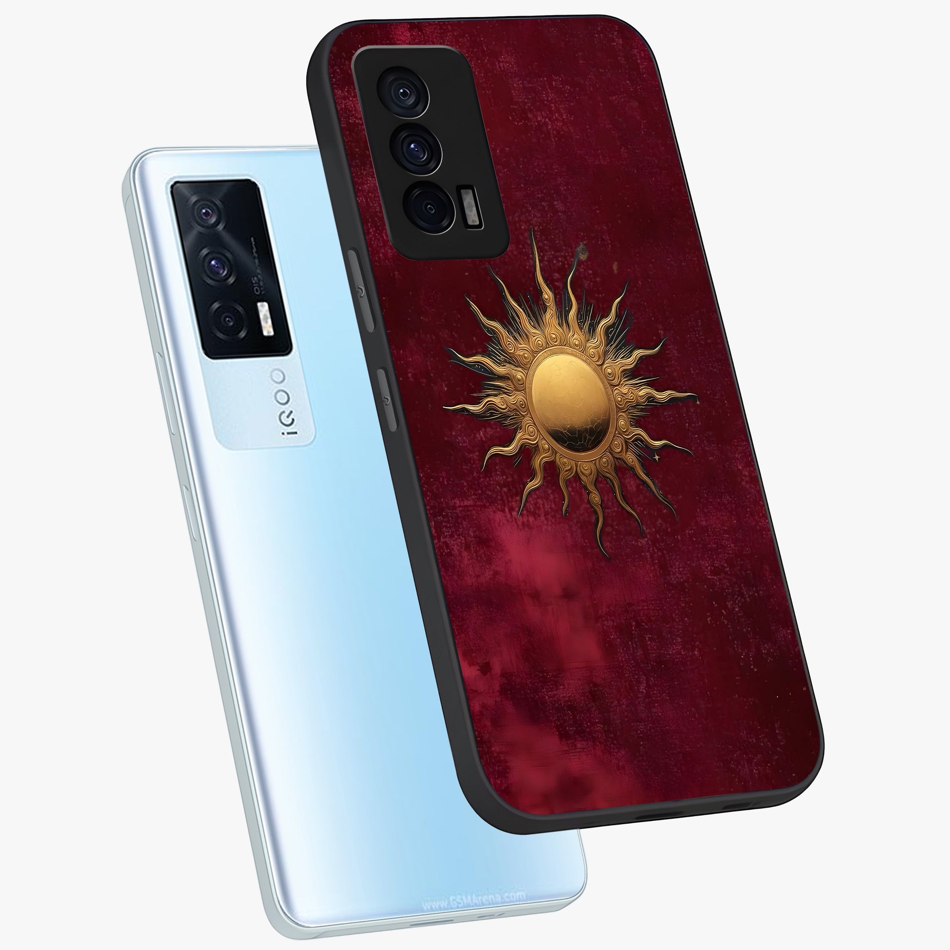 Golden Sun Minimalism Glass Case displayed in angled mockup highlighting clean sun symbol design with modern minimal aesthetic.