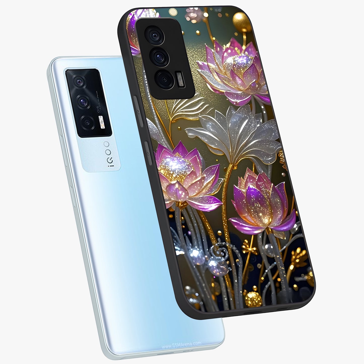 Golden Floral Majesty Glass Case displayed in angled mockup highlighting elegant flower design with royal golden aesthetic.