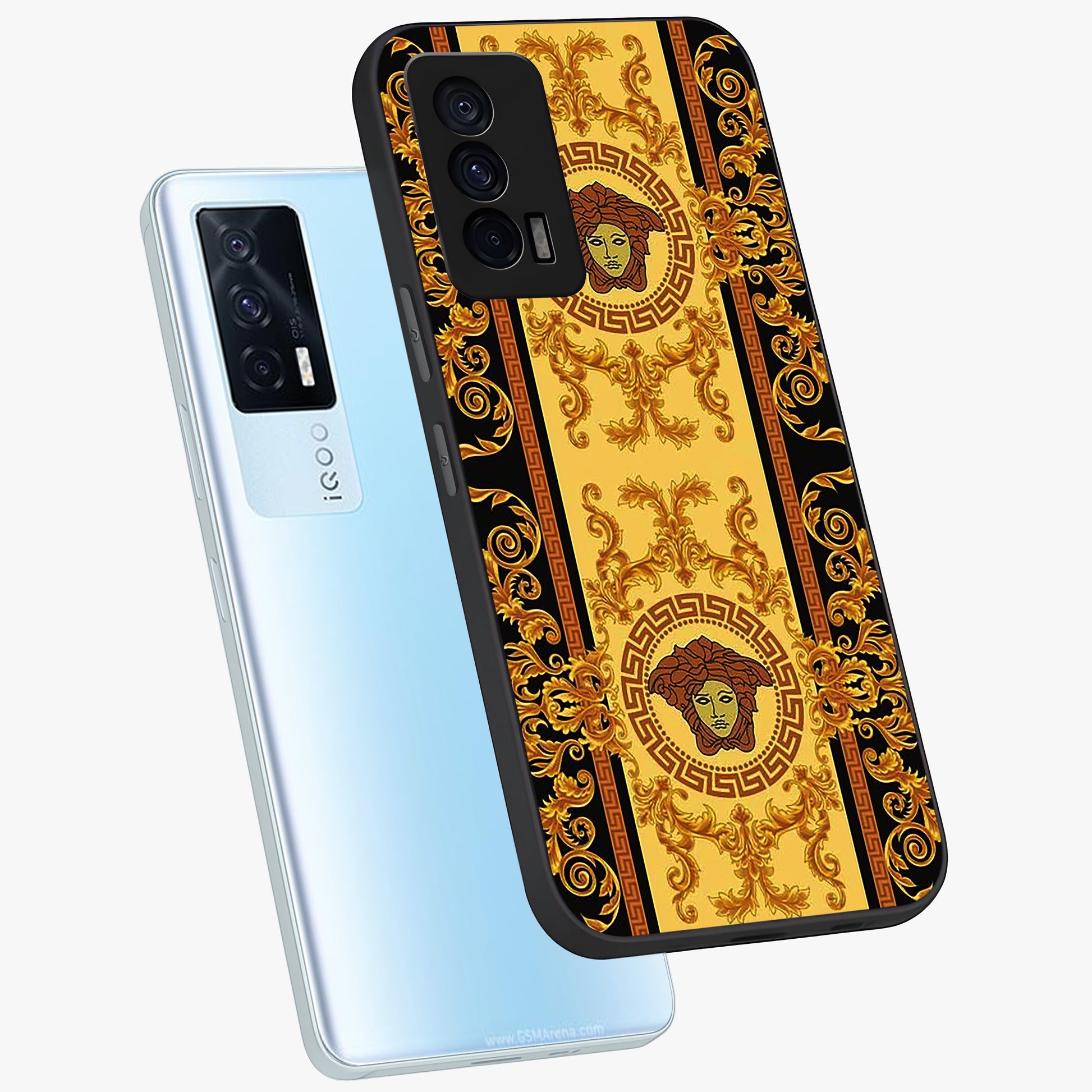 Golden Lotus Glow Glass Case displayed in angled mockup highlighting radiant lotus illustration with spiritual aesthetic.
