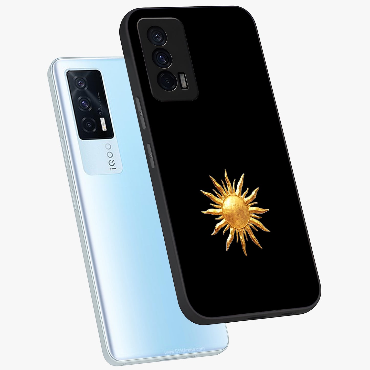 Golden Sun Minimalism Glass Case displayed in angled mockup highlighting eerie shadow illustration with gothic aesthetic.