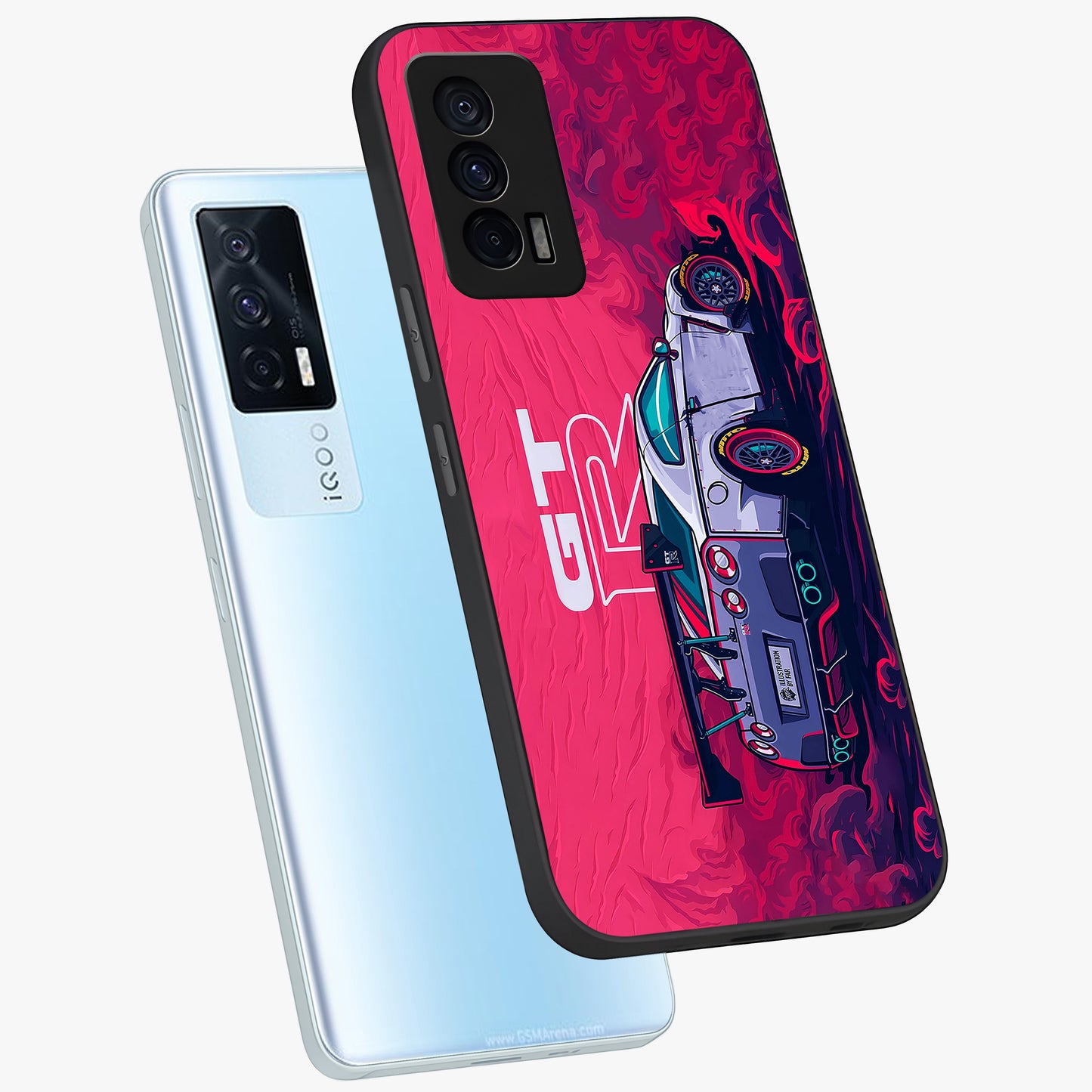 GT-R Car Pattern Glass Case displayed in angled mockup highlighting racing car graphic design with bold automotive aesthetic.