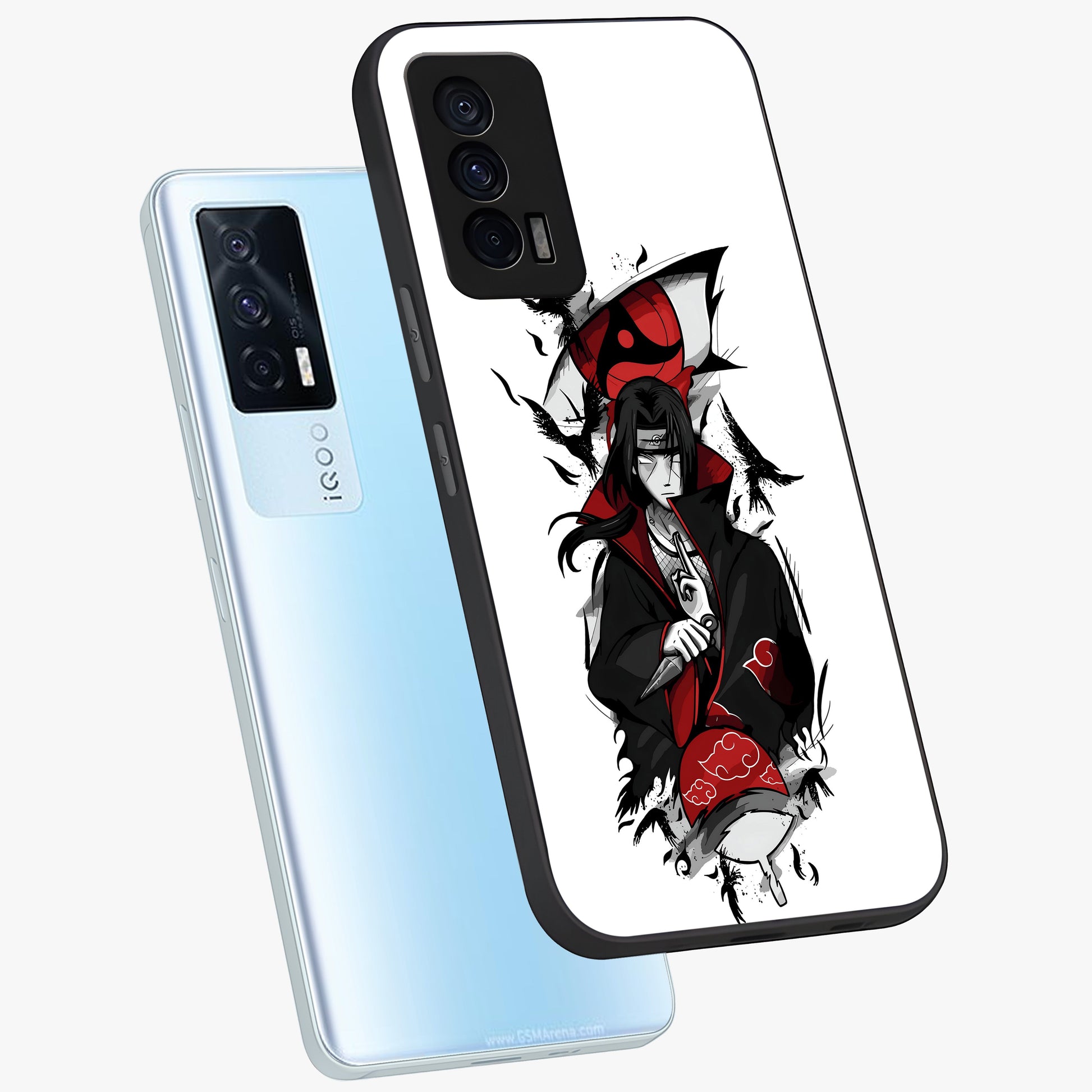 Itachi Limited Edition Naruto Anime Glass Case displayed in angled mockup highlighting dramatic anime illustration with bold action aesthetic.