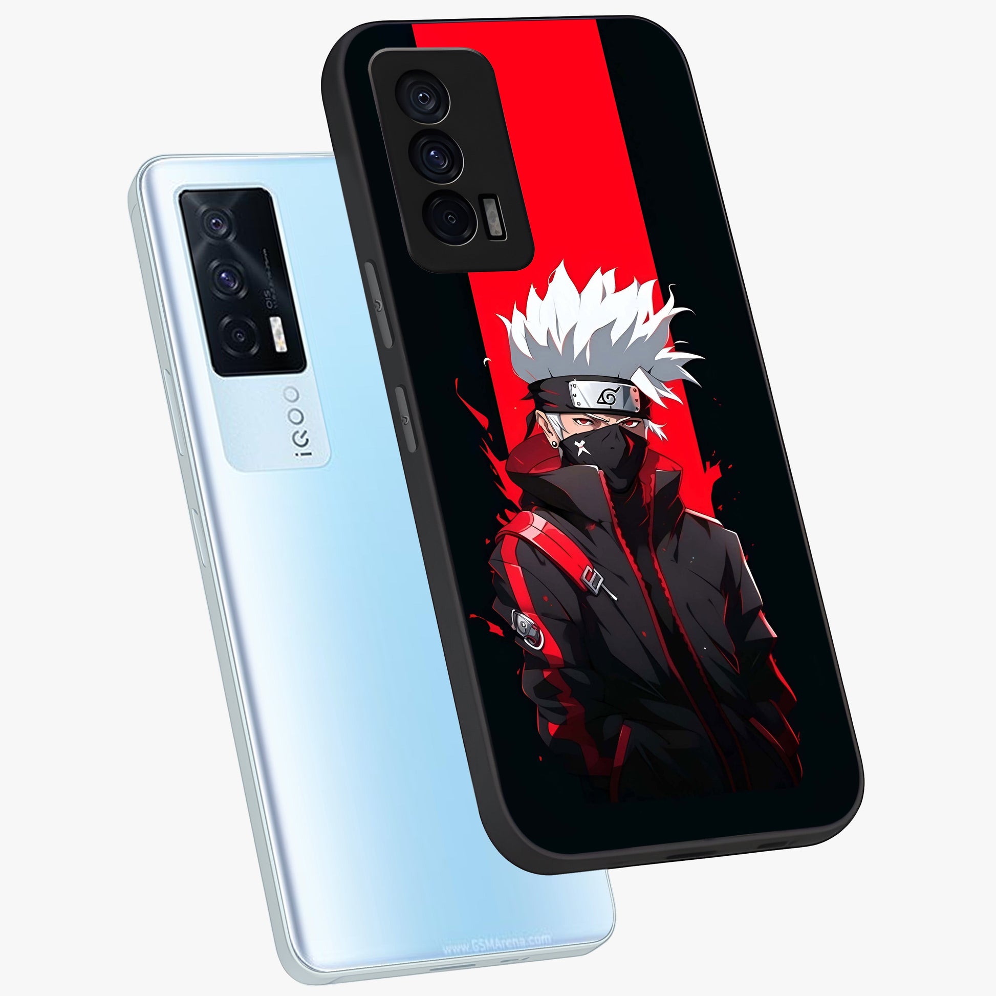 Kakashi Scarlet Shadow Glass Case displayed in angled mockup highlighting dramatic ninja illustration with scarlet themed aesthetic.