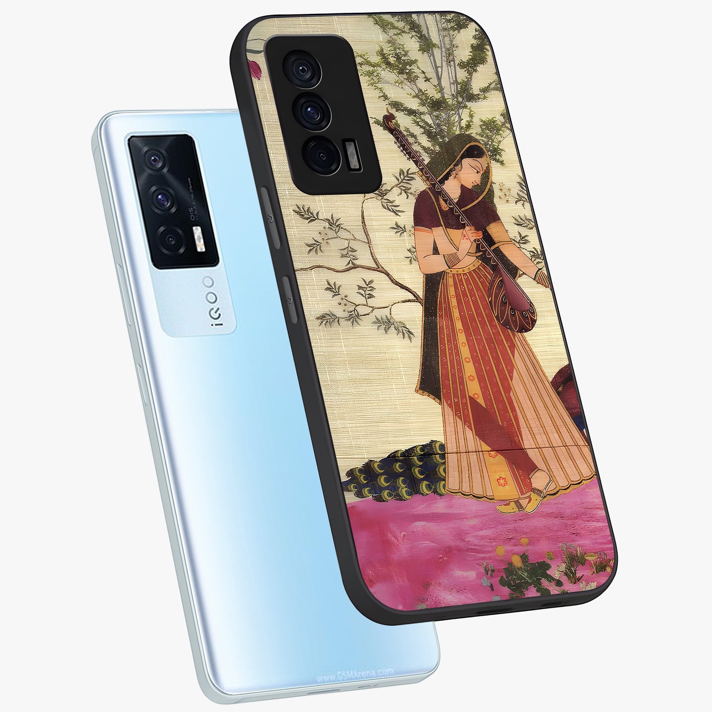 Lady With Veena Art Glass Case displayed in angled mockup highlighting graceful musical illustration with cultural artistic aesthetic.