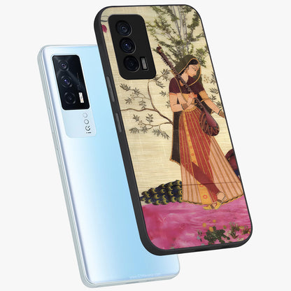 Lady With Veena Art Glass Case displayed in angled mockup highlighting graceful musical illustration with cultural artistic aesthetic.
