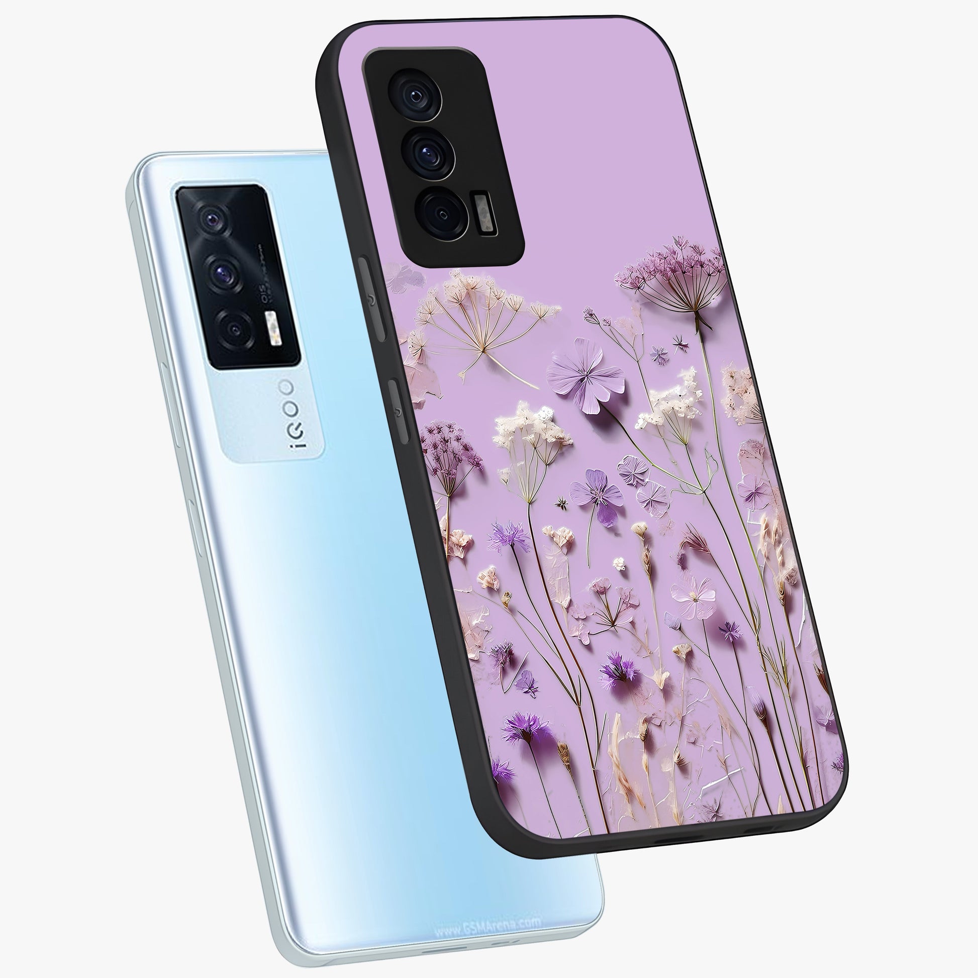 Lavender Blossom Dream Glass Case displayed in angled mockup highlighting dreamy lavender flower design with calming aesthetic style.
