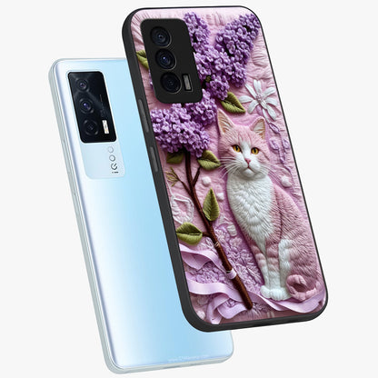 Lavender Cat Whimsy Glass Case displayed in angled mockup highlighting playful feline illustration with pastel lavender aesthetic.