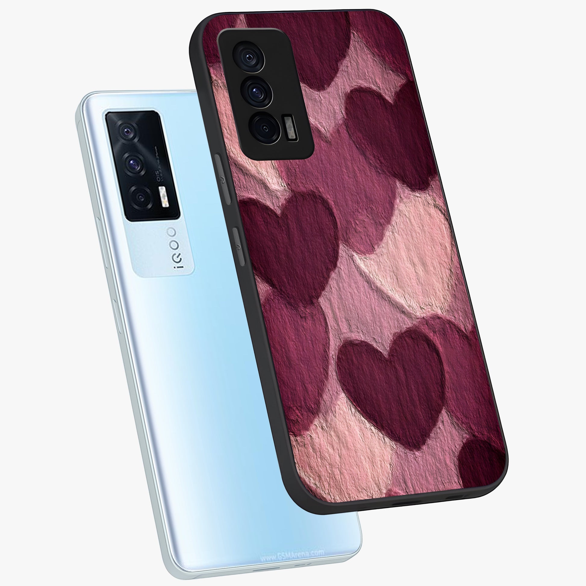 Layered Paper Hearts Glass Case displayed in angled mockup highlighting creative paper craft heart design with romantic aesthetic.