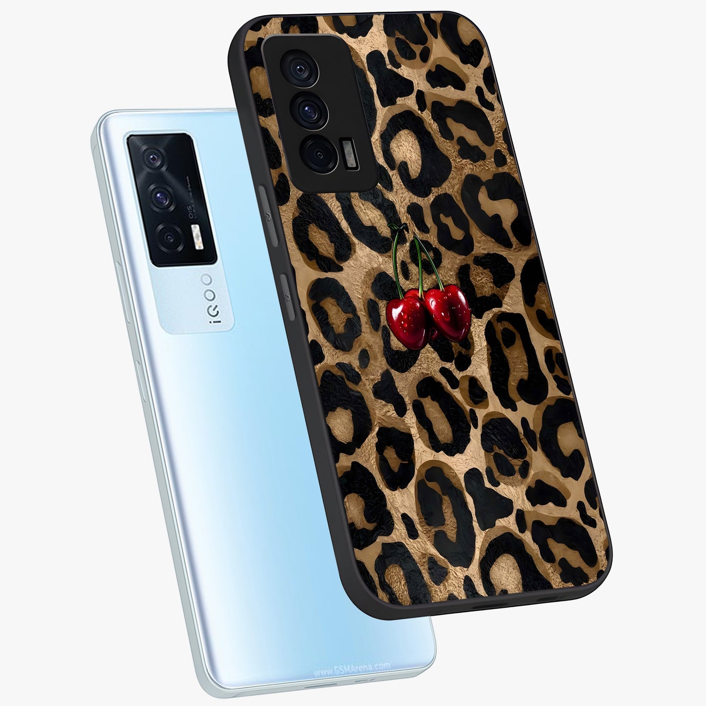 Leopard Wild Cherry Glass Case displayed in angled mockup highlighting bold animal print design with playful cherry aesthetic.