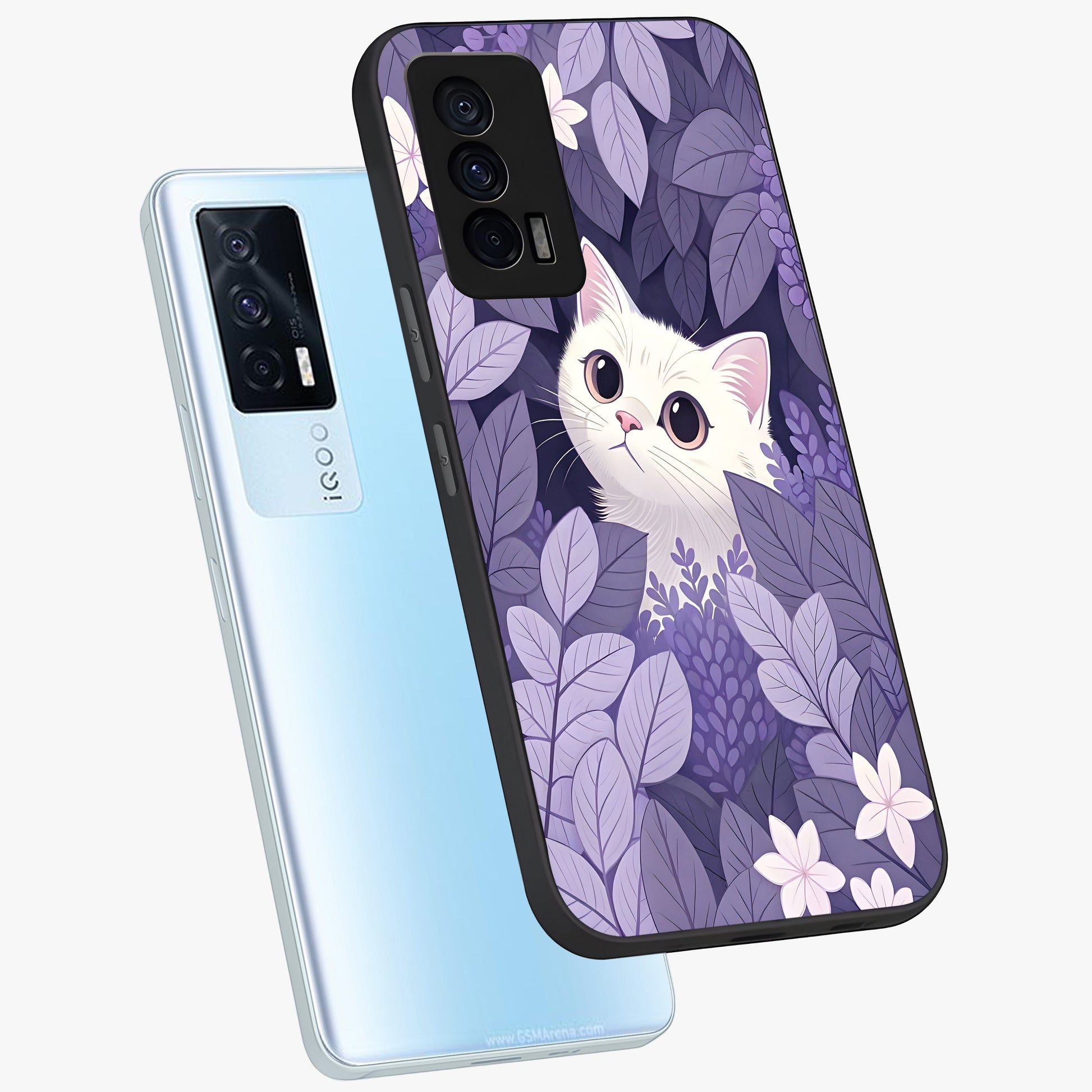 Lilac Hide Peek Cat Glass Case displayed in angled mockup highlighting playful feline illustration with lilac aesthetic design.