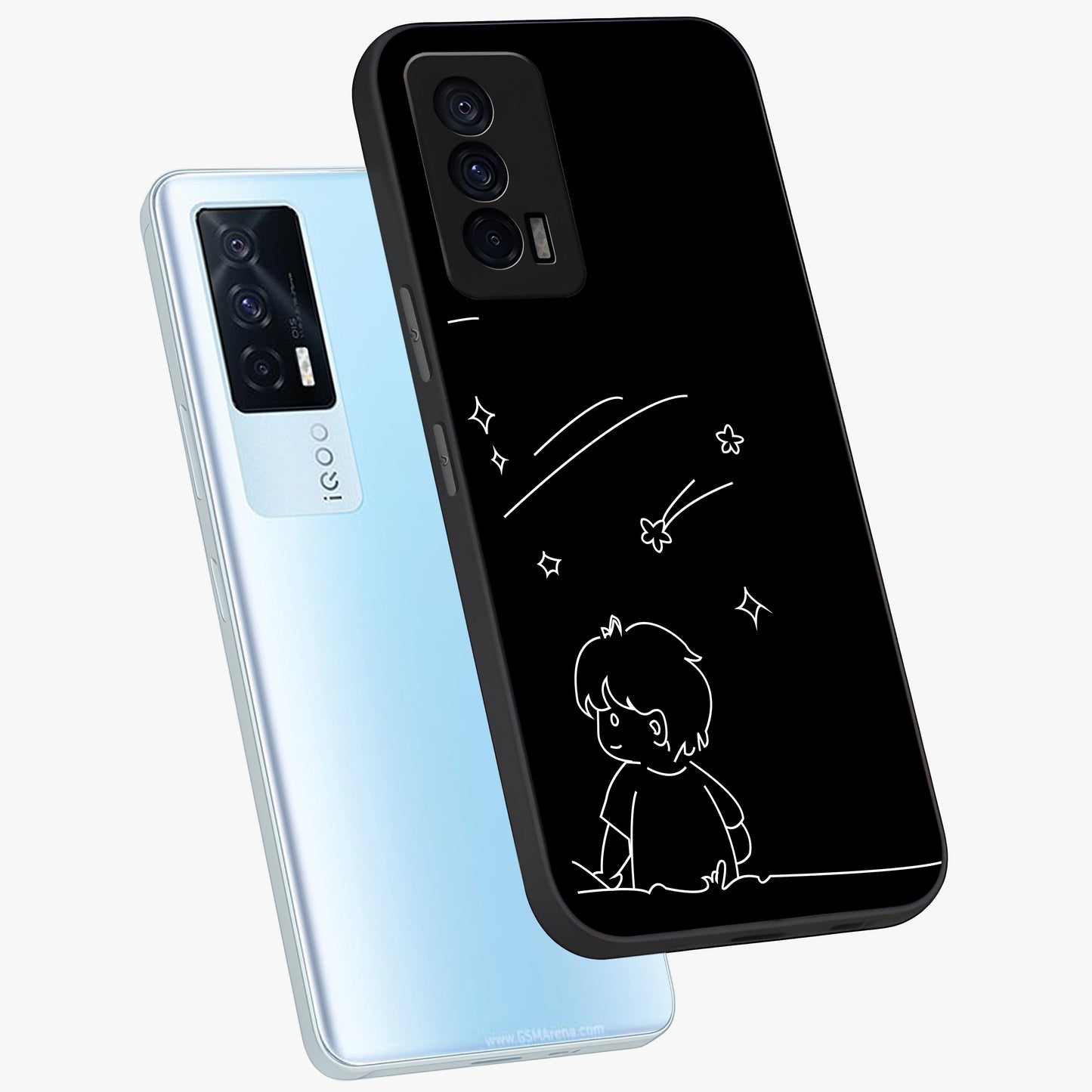 Line Art Boy With Shooting Stars Glass Case displayed in angled mockup highlighting elegant line art design with dreamy star aesthetic.
