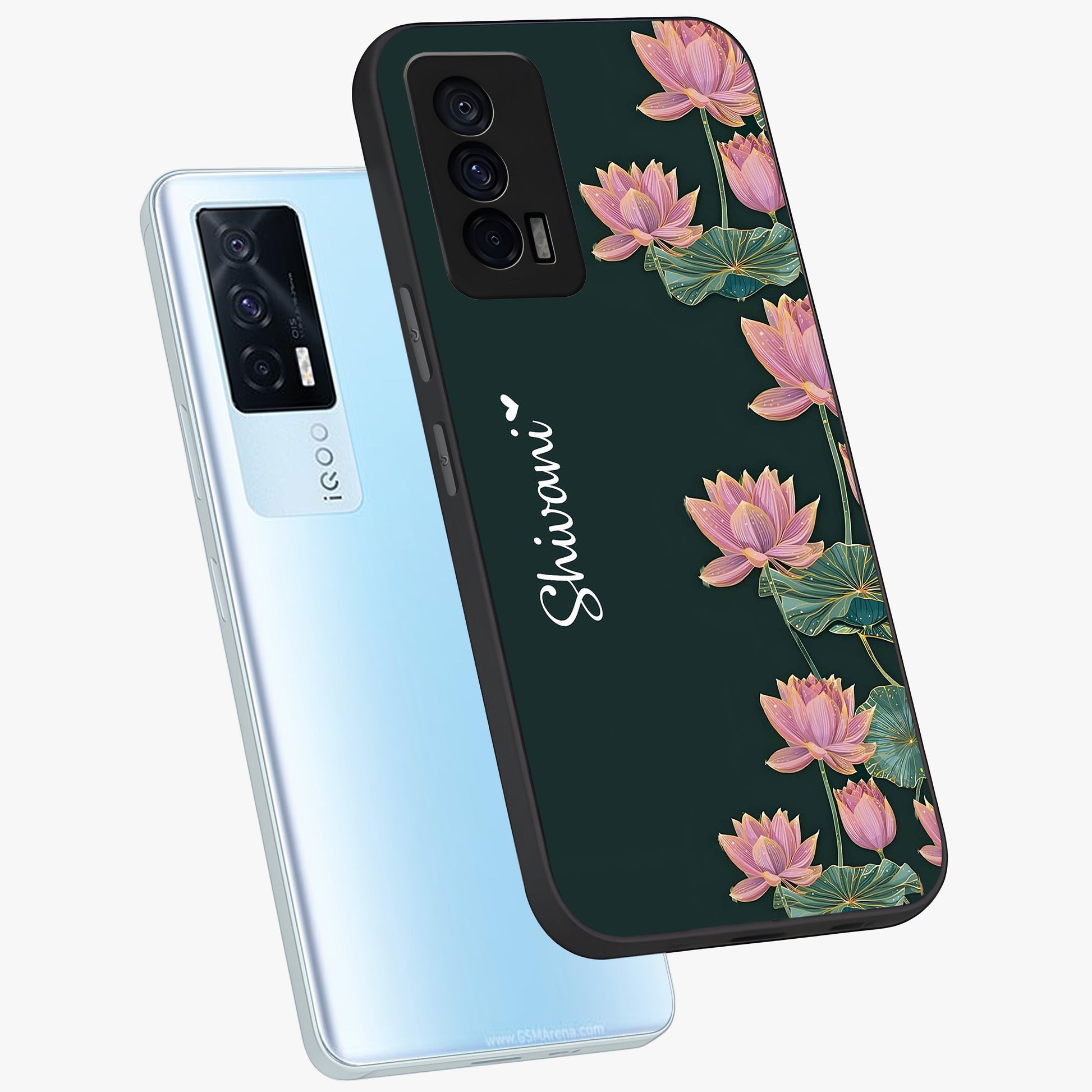 Lotus Bloom Serenity Custom Name Glass Case displayed in angled mockup highlighting graceful lotus illustration with custom name feature.